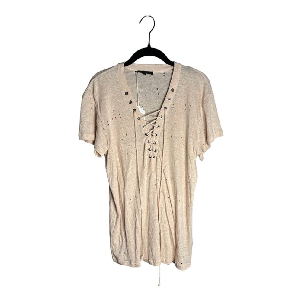Olivaceous Light Pink Short Sleeve Distressed Top With Lace Up Detail Large
